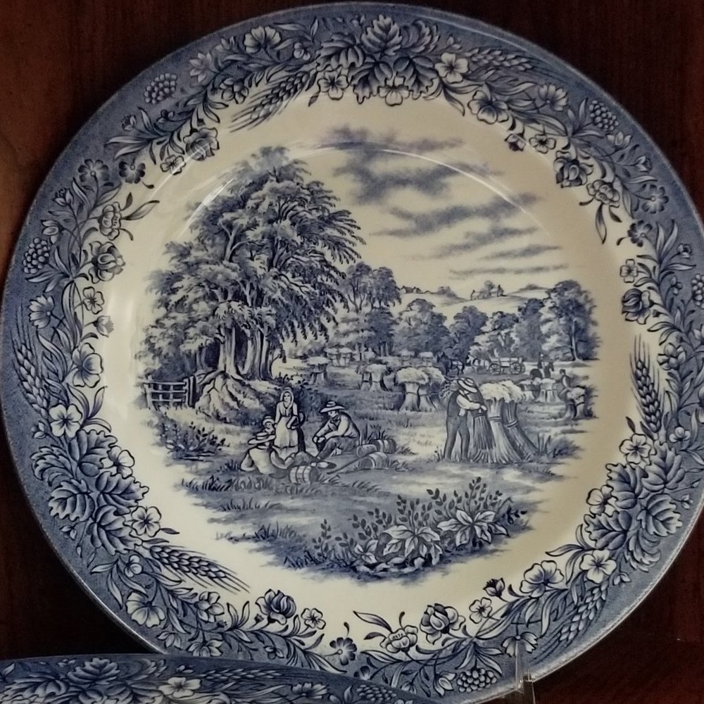2 Churchill Currier & Ives Blue "Harvest" Dinner Plates